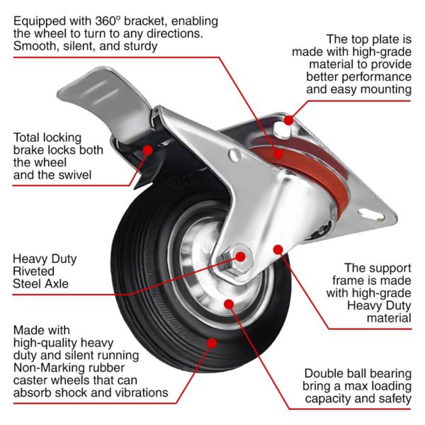 4 Inch Rubber Swivel Caster Wheel With Brake