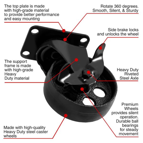 4 Inch All Black Metal Swivel Wheel With Brake