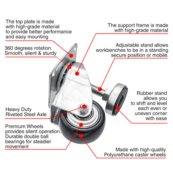 1.5 Inch Leveling Caster Wheels - Swivel Black Polyurethane Wheels with Adjustable Leveling Foot