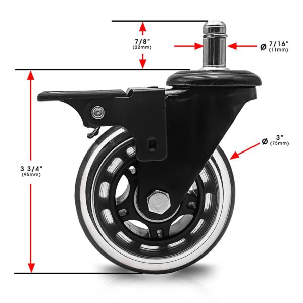 3 Inch Black PU Swivel Chair Caster Wheel With Brake