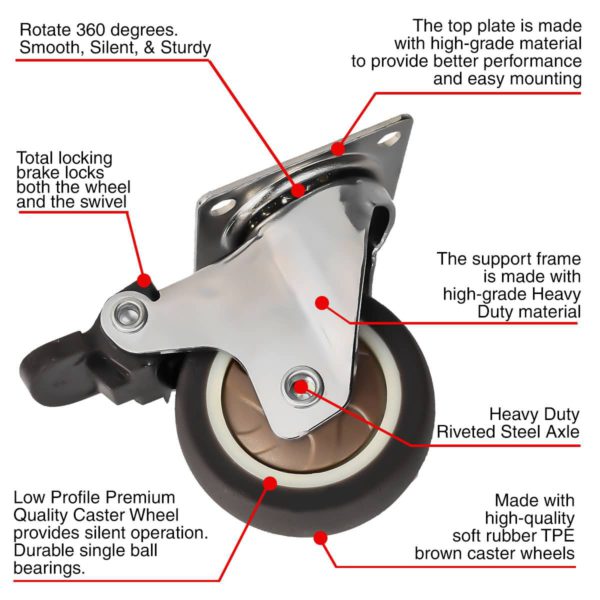 2 Inch Brown Rubber Swivel Caster Wheel With Brake