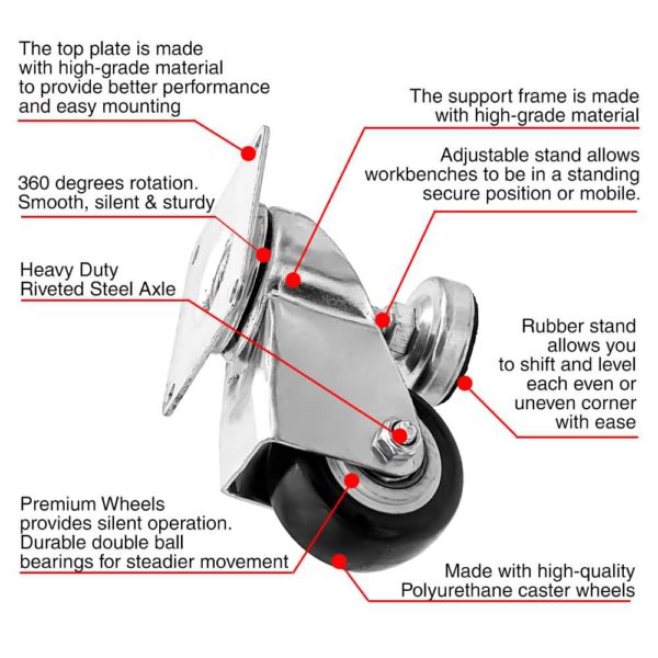 2 Inch Leveling Caster Wheels - Swivel Black Polyurethane Wheels with Adjustable Leveling Foot