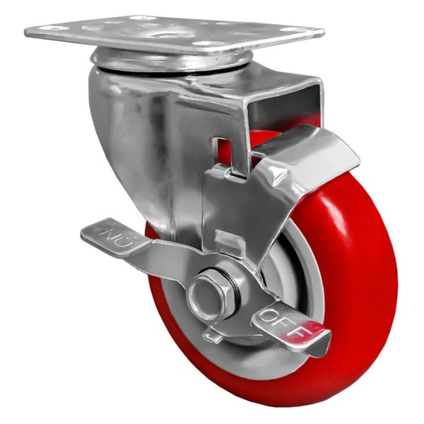 4 inch Red PU Swivel Caster With Side Brake
