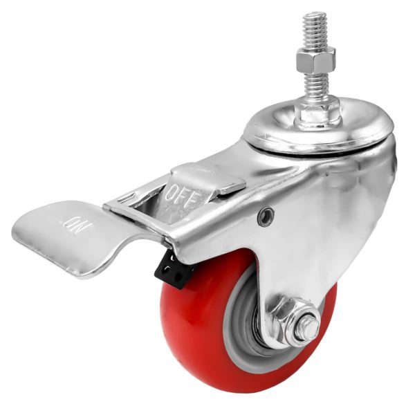 3 inch Red PU Swivel Stem Caster With Front Brake