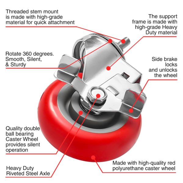 3 inch Red PU Swivel Stem Caster With Side Brake