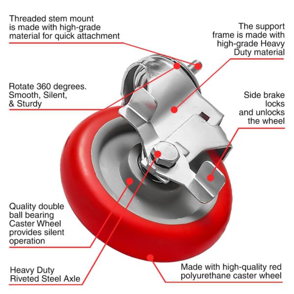 5 inch Red PU Swivel Stem Caster With Side Brake