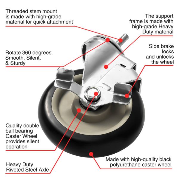 3 inch Black PU Swivel Stem Caster With Side Brake