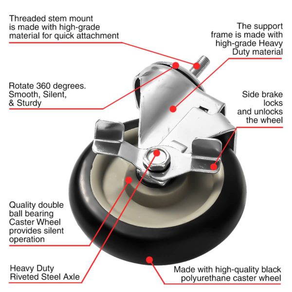 5 inch Black PU Swivel Stem Caster With Side Brake