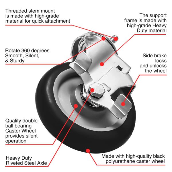4 inch Black PU Swivel Stem Caster With Side Brake