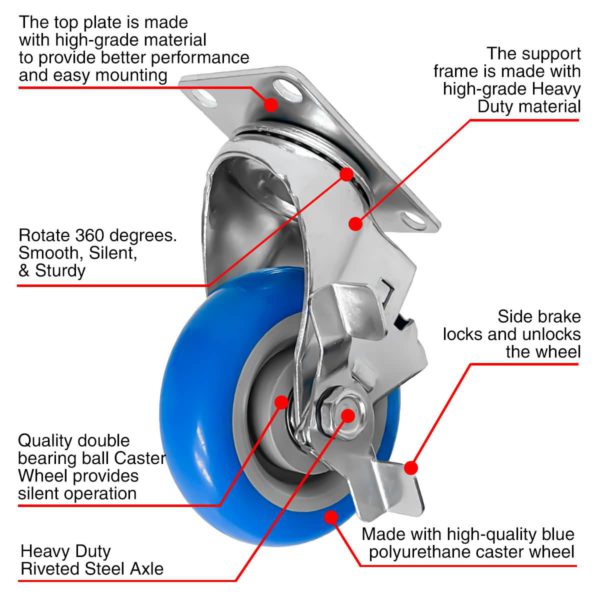 4 inch Blue PU Swivel Caster With Side Brake