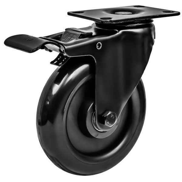 5 Inch All Black PU Swivel Caster Wheel With Brake