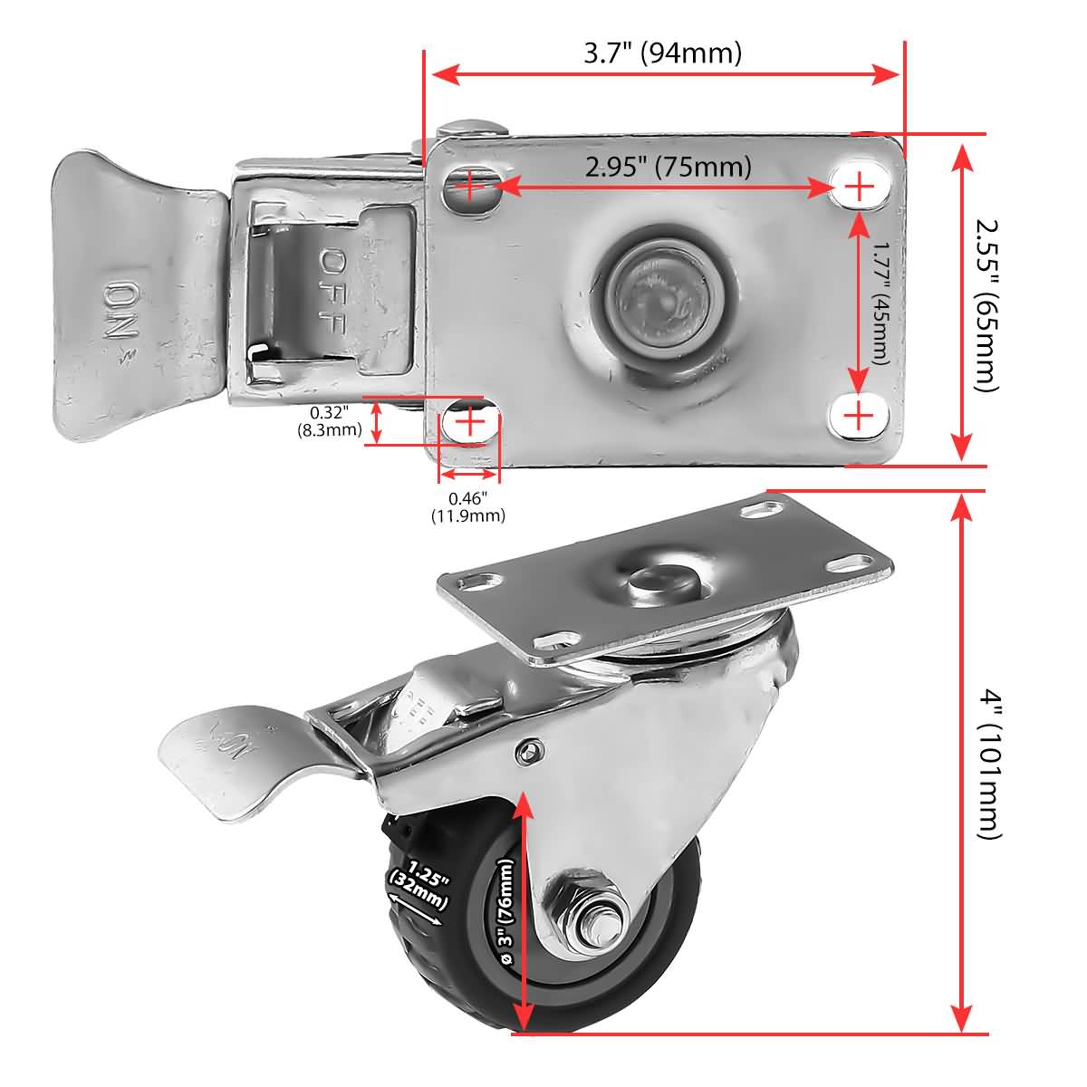 4 Pack 3 inch Grey All Terrain Tyre Veins PU Swivel Caster With Brake
