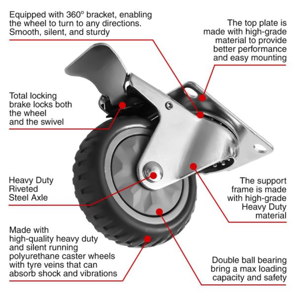 4 inch Grey All Terrain Tyre Veins PU Swivel Caster With Brake