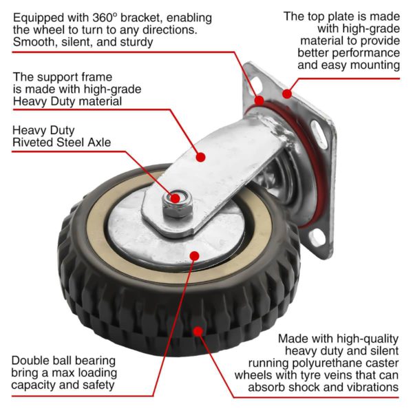 6 inch Grey All Terrain Tyre Veins PU Swivel Caster No Brake