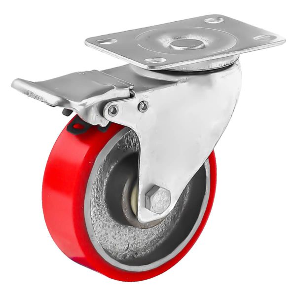 4 inch Red PU Swivel Polyurethane on Cast Iron Wheel Caster With Brake