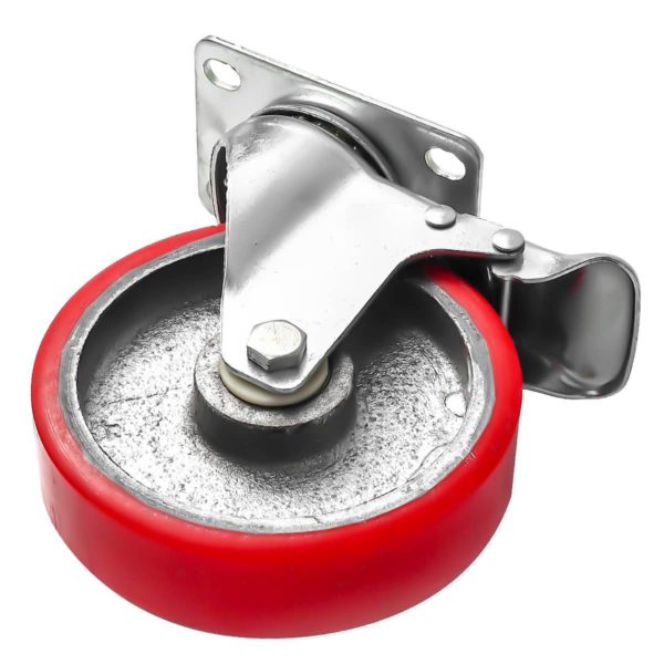5 inch Red PU Swivel Polyurethane on Cast Iron Wheel Caster With Brake