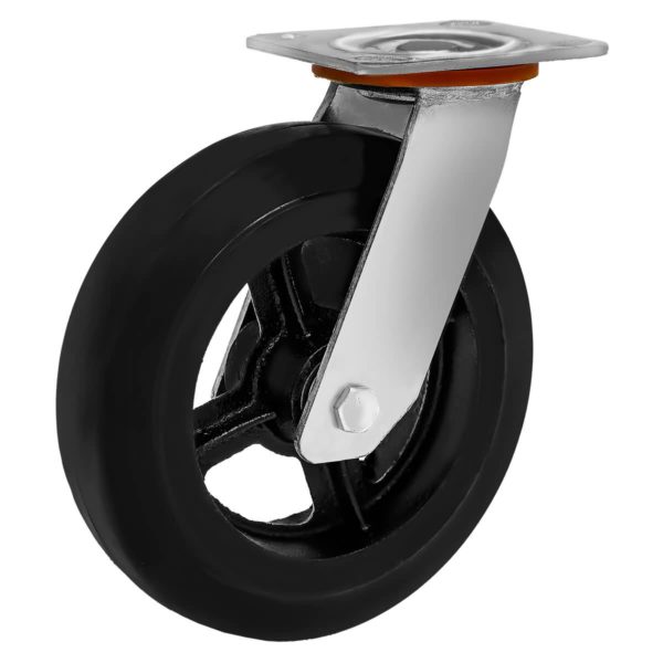8 Inch Black Rubber ON CAST Iron Swivel Caster Wheel No Brake