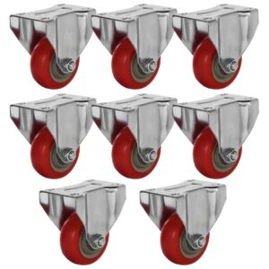 8 Pack 3" Caster Wheels On Red Polyurethane Wheels Top Plate Non Swivel Rigid Fixed Stationery