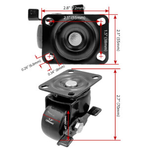 4 Pack 2 inch Black Solid PU Swivel Caster Wheel With Brake - Image 2